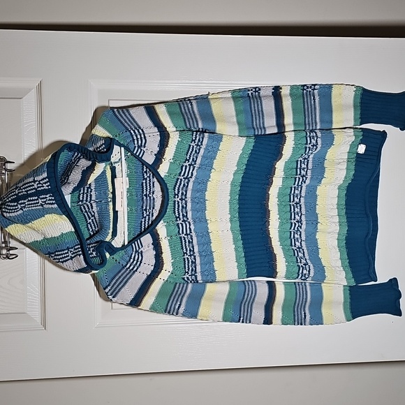DKNY Jeans Striped Hooded Y2K Sweater Blue Yellow Loose Knit Hoodie Size M - Picture 1 of 7